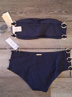 Black Bandeau Bikini Set with Gold Ring Accents - Women Swim
